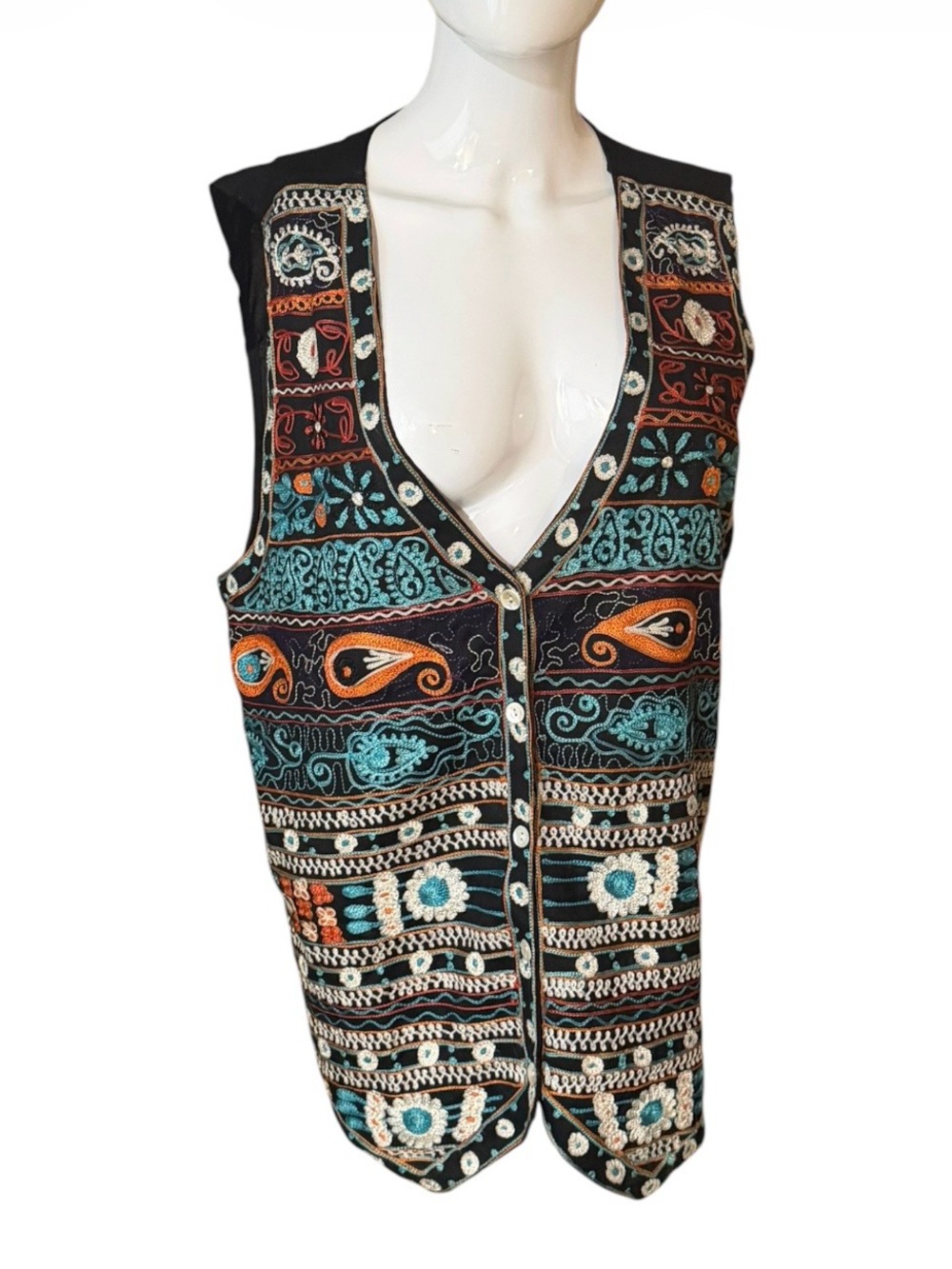 Black Embroidered V-Neck Sleeveless Vest with Teal & Orange Accents
